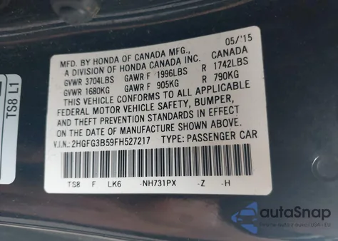 2015 Honda Civic Lx из США, поврежденный, VIN 2HGFG3B59FH527217